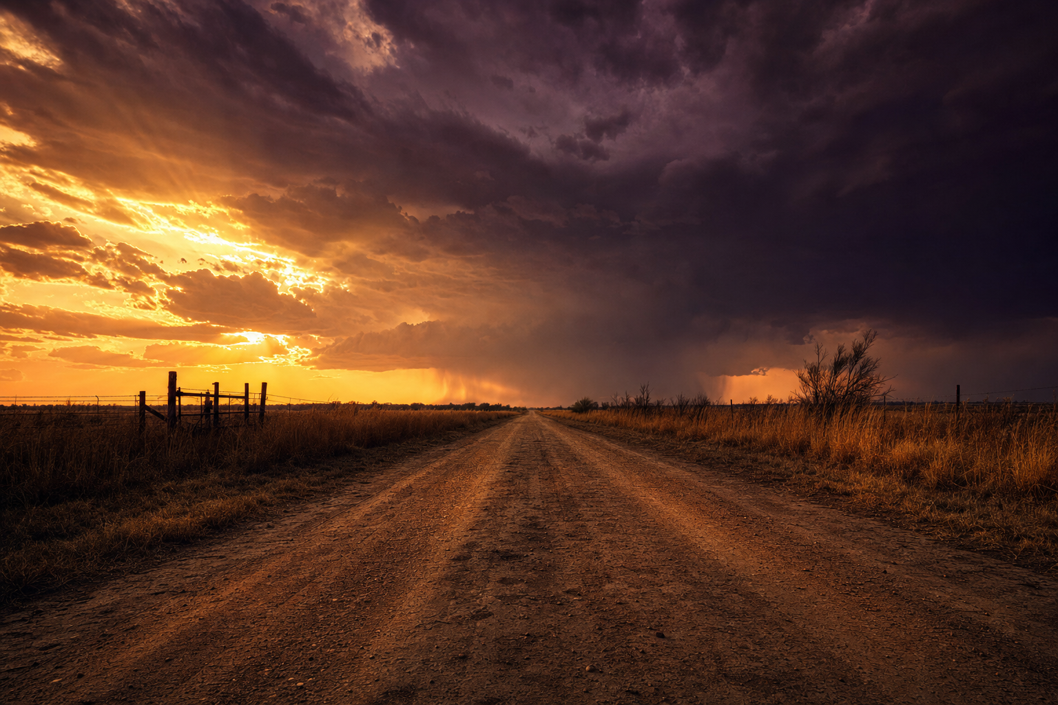 Texas country road at dusk — stormy sky