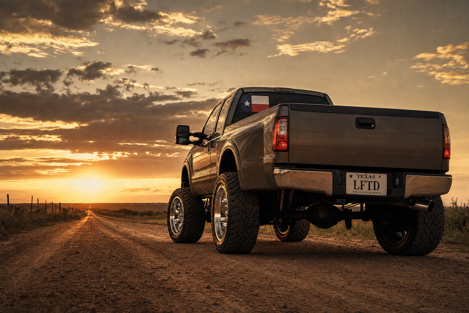 Lifted Texas truck at sunset on a country road