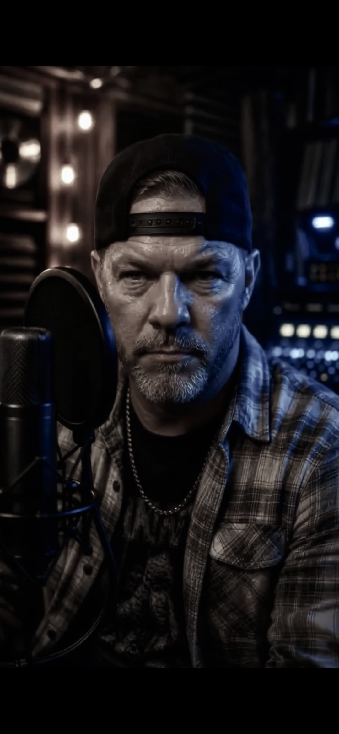 PATE at the mic with blue studio light