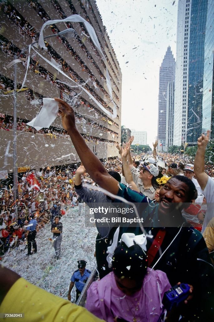 Hakeem Olajuwon celebrating at the 1995 NBA Championship parade
