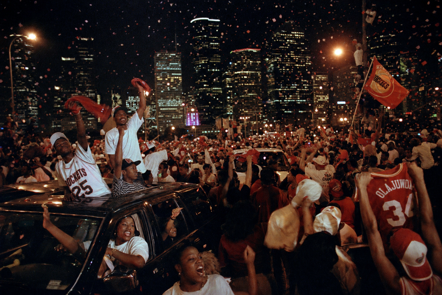 Houston fans flooding the streets after the Rockets won the NBA Championship