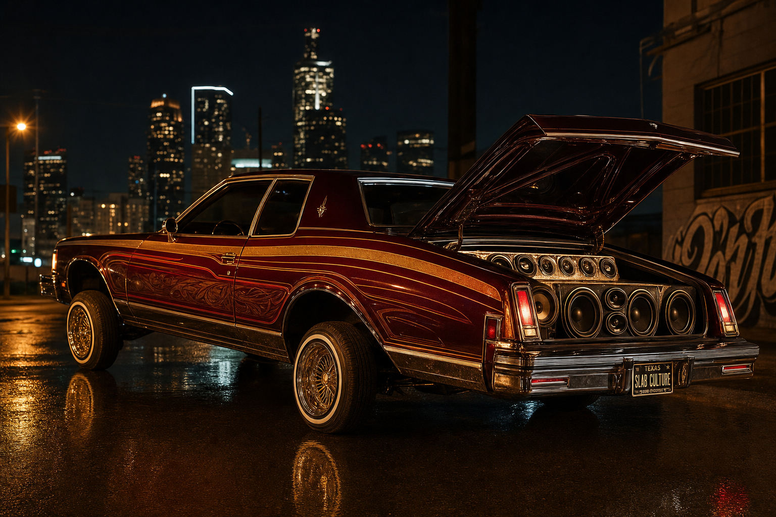 Houston slab culture — candy paint on a wet night