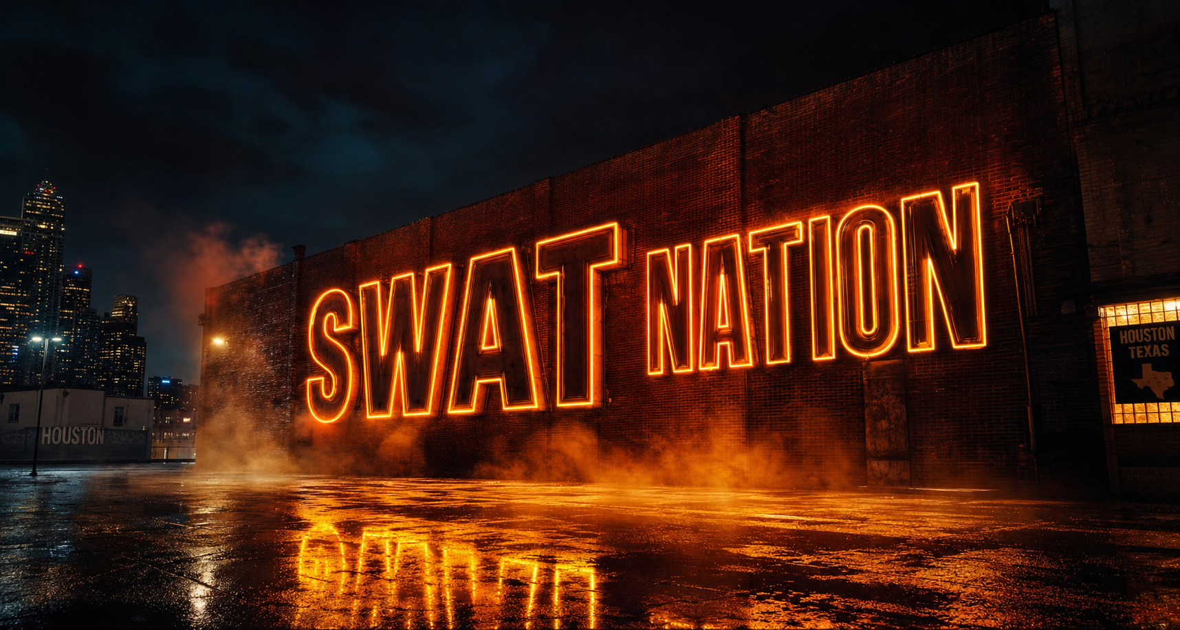 SWAT Nation neon mural on Houston brick wall